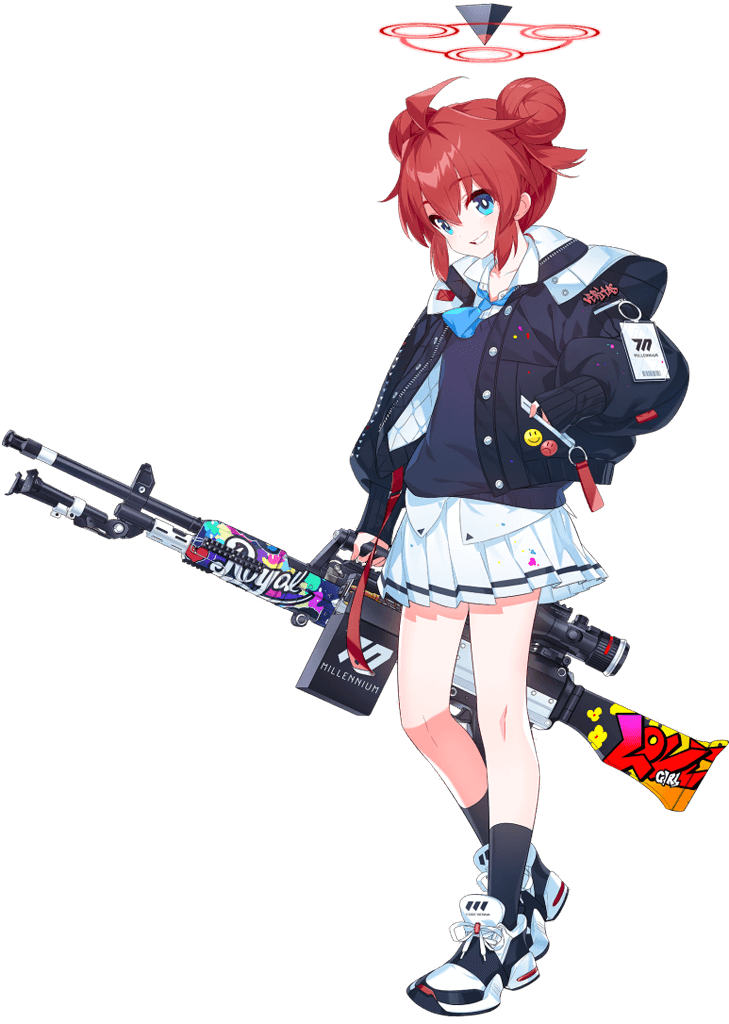 blue_archive blue_eyes gun halo holding holding_gun holding_weapon maki_(blue_archive) medium_hair official_art redhead rifle skirt tachi-e transparent_background weapon