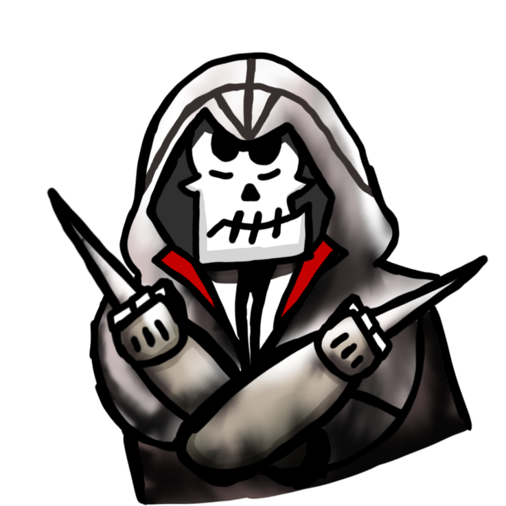 1boy assassin's_creed_(series) closed_mouth grim_(grim_adventures) jacket kerubin_art looking_at_viewer shaded_face simple_background skeleton solo the_grim_adventures_of_billy_&amp;_mandy weapon white_background white_jacket