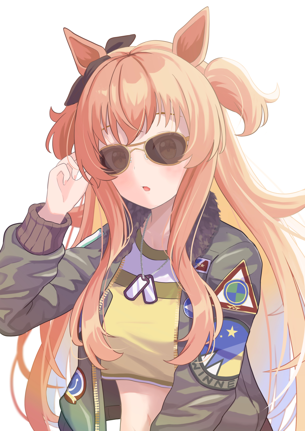1girl animal_ears aviator_sunglasses bangs bomber_jacket crop_top crop_top_overhang dog_tags green_jacket highres horse_ears jacket jungle light_blush long_hair long_sleeves looking_at_viewer mayano_top_gun_(umamusume) nature navel open_clothes open_jacket open_mouth orange_hair simple_background solo sunglasses two_side_up umamusume upper_body white_background yukke_jan