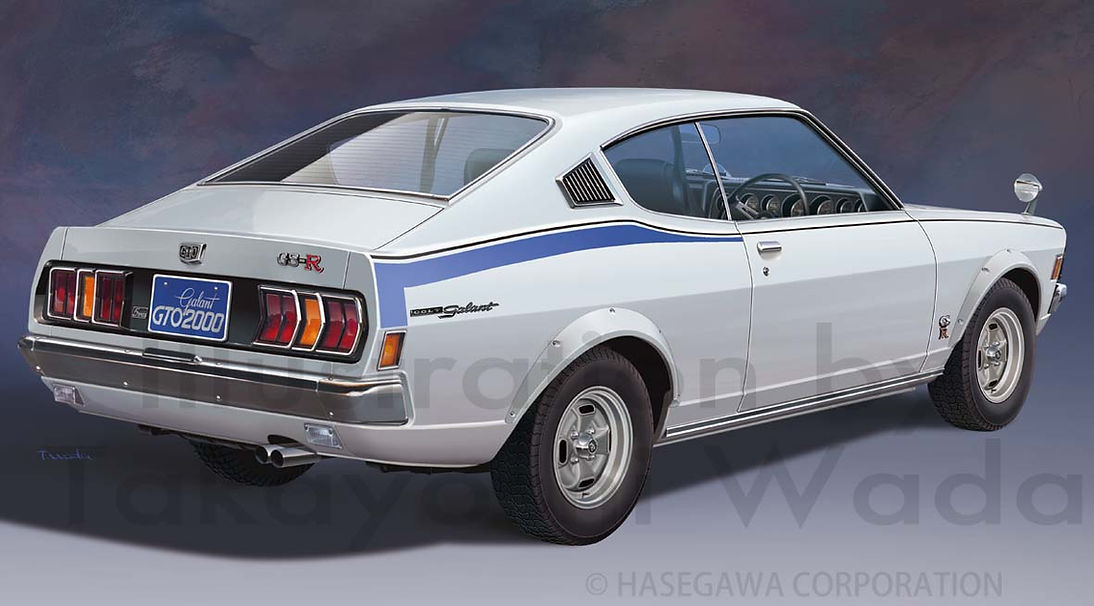 artist_name box_art car from_behind grey_background ground_vehicle hasegawa_(hobby_kits) mitsubishi_galant_gto mitsubishi_motors motor_vehicle muscle_car no_humans official_art shadow solo tail_lights textless_version vehicle_focus wada_takayoshi watermark wheel