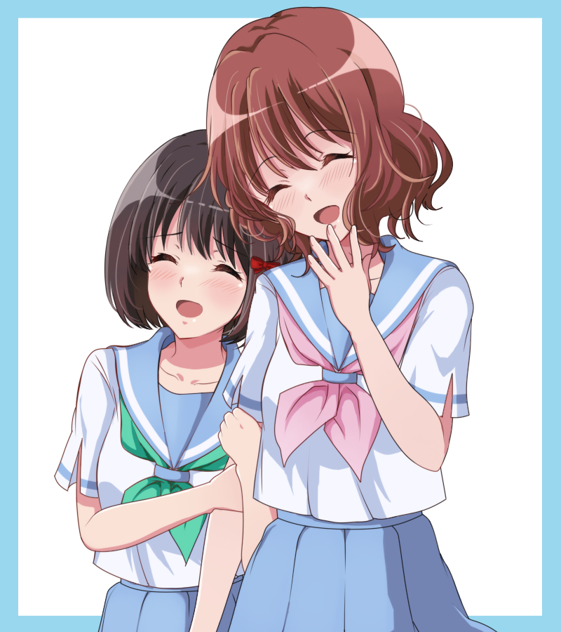 2girls :d bangs black_hair blue_sailor_collar blue_skirt bob_cut bow brown_hair closed_eyes gekijouban_hibike!_euphonium green_neckerchief hair_bow hand_up hibike!_euphonium hisaishi_kanade holding_another's_arm kitauji_high_school_uniform multiple_girls neckerchief open_mouth oumae_kumiko pink_neckerchief pleated_skirt sailor_collar school_uniform serafuku shirt short_hair short_sleeves simple_background skirt smile standing uniform white_background white_shirt yuki_46