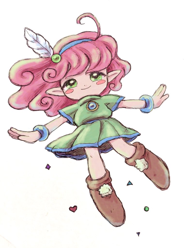 1girl boots bracelet closed_mouth curly_hair full_body green_eyes green_shirt green_skirt hair_ornament hairband hisashicomv789 jewelry looking_at_viewer medium_hair panel_de_pon pink_hair shirt simple_background skirt smile solo white_background windy_(panel_de_pon)
