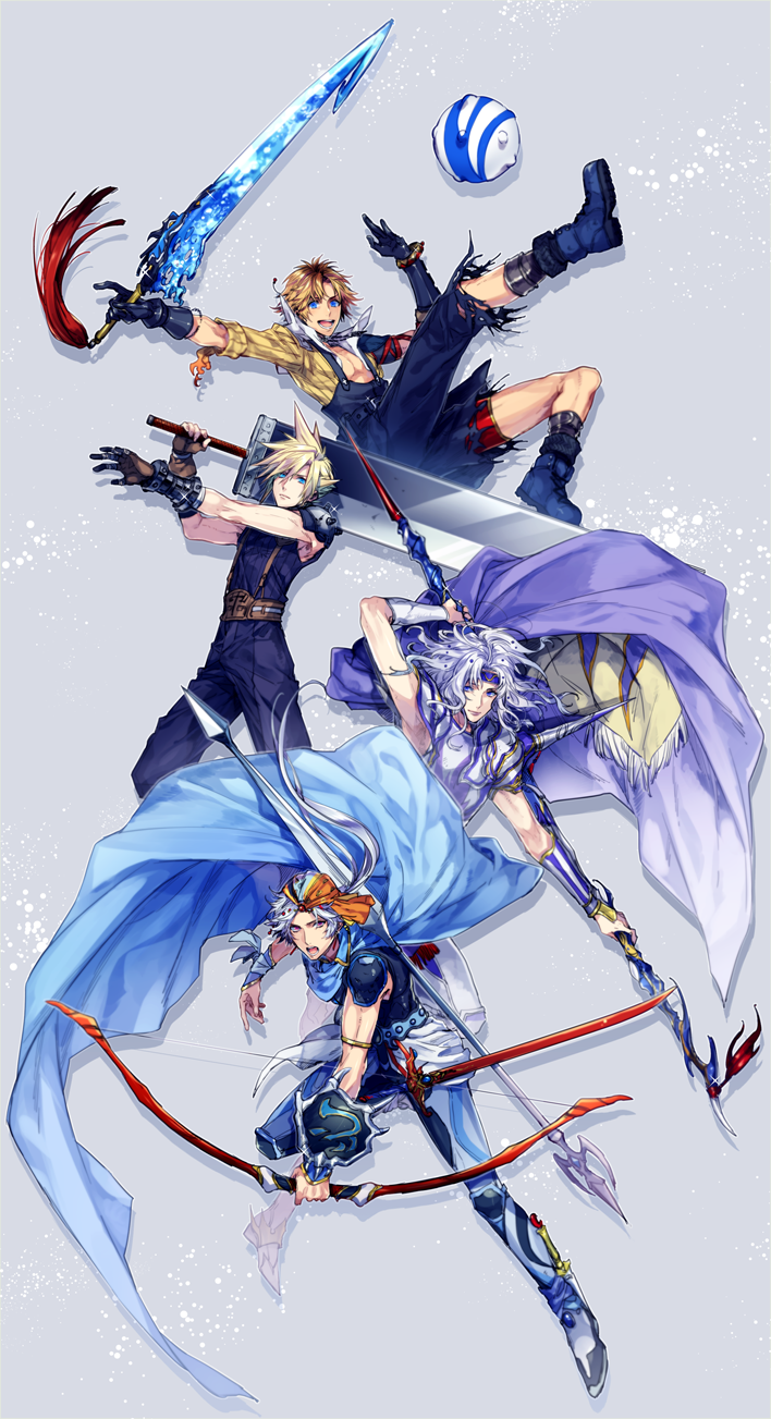 4boys arm_behind_head arm_ribbon armor bangs belt black_gloves black_overalls blitzball blonde_hair blue_cape blue_eyes blue_headband blue_pants blue_shirt boots bow_(weapon) brown_belt brown_gloves buster_sword cape cloud_strife dissidia_final_fantasy fighting_stance final_fantasy final_fantasy_ii final_fantasy_vii final_fantasy_x fingerless_gloves frioniel full_body gloves grey_background grey_hair hair_between_eyes head_scarf headband highres holding holding_bow_(weapon) holding_polearm holding_sword holding_weapon jacket long_hair low_ponytail male_focus multicolored_clothes multicolored_headwear multiple_boys nakagawa_waka open_mouth overalls pants parted_bangs polearm purple_cape ribbon shirt short_hair short_hair_with_long_locks shorts shoulder_armor shoulder_spikes sleeveless sleeveless_shirt smile spikes spiky_hair suspenders sword tidus toned toned_male torn_clothes torn_shorts waist_sash warrior_of_light weapon yellow_jacket