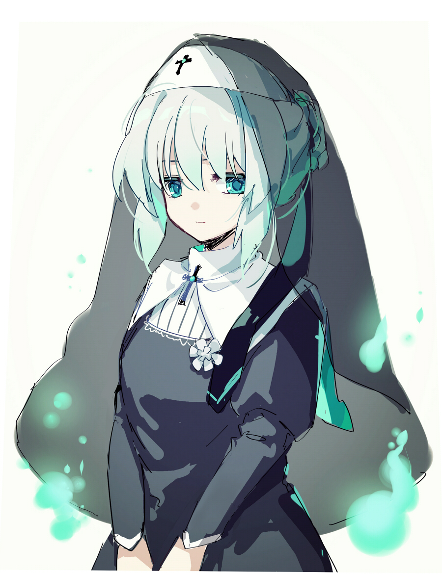 1girl akinomiya_asuka aosagi_hikariko aqua_eyes bangs black_dress breasts closed_mouth commentary_request dress habit hollow_song_of_birds juliet_sleeves light_green_hair long_sleeves nun original puffy_sleeves simple_background sketch small_breasts solo touhou white_background