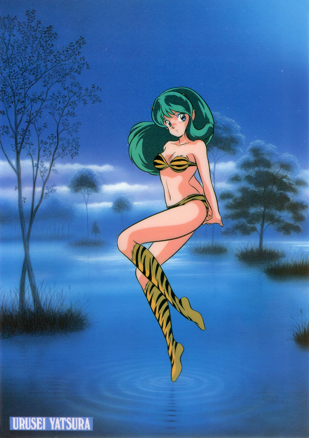 1980s_(style) 1girl bangs bikini blue_background blue_eyes boots copyright_name eyeshadow full_body green_hair highres horns interlocked_fingers long_hair looking_at_viewer lum makeup nature navel night non-web_source official_art oni oni_horns outdoors own_hands_together pointy_ears retro_artstyle scan solo strapless strapless_bikini swimsuit tiger_stripes urusei_yatsura water yellow_bikini