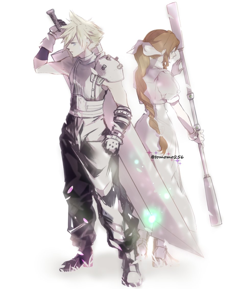 1boy 1girl aerith_gainsborough armor back-to-back baggy_pants bangle belt boots bracelet braid braided_ponytail brown_hair buster_sword cloud_strife cropped_jacket dress fighting_stance final_fantasy final_fantasy_vii final_fantasy_vii_remake full_body gloves hair_between_eyes hair_ribbon holding holding_staff holding_sword holding_weapon jewelry long_dress long_hair multiple_belts pants puffy_short_sleeves puffy_sleeves ribbon short_hair short_sleeves shoulder_armor sidelocks sleeveless sleeveless_turtleneck spiky_hair staff suspenders sword tomo_(552252) turtleneck twitter_username weapon weapon_on_back white_background