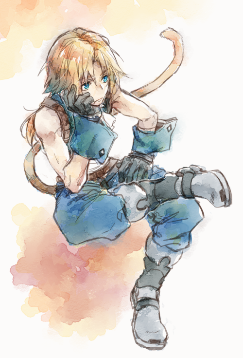 1boy aqua_eyes ascot bangs bare_shoulders blonde_hair blue_pants boots crossed_legs final_fantasy final_fantasy_ix full_body gloves grey_gloves head_on_hand low_ponytail male_focus monkey_tail nakagawa_waka pants parted_bangs shirt short_hair_with_long_locks sitting solo tail watercolor_effect white_ascot white_shirt wrist_cuffs zidane_tribal