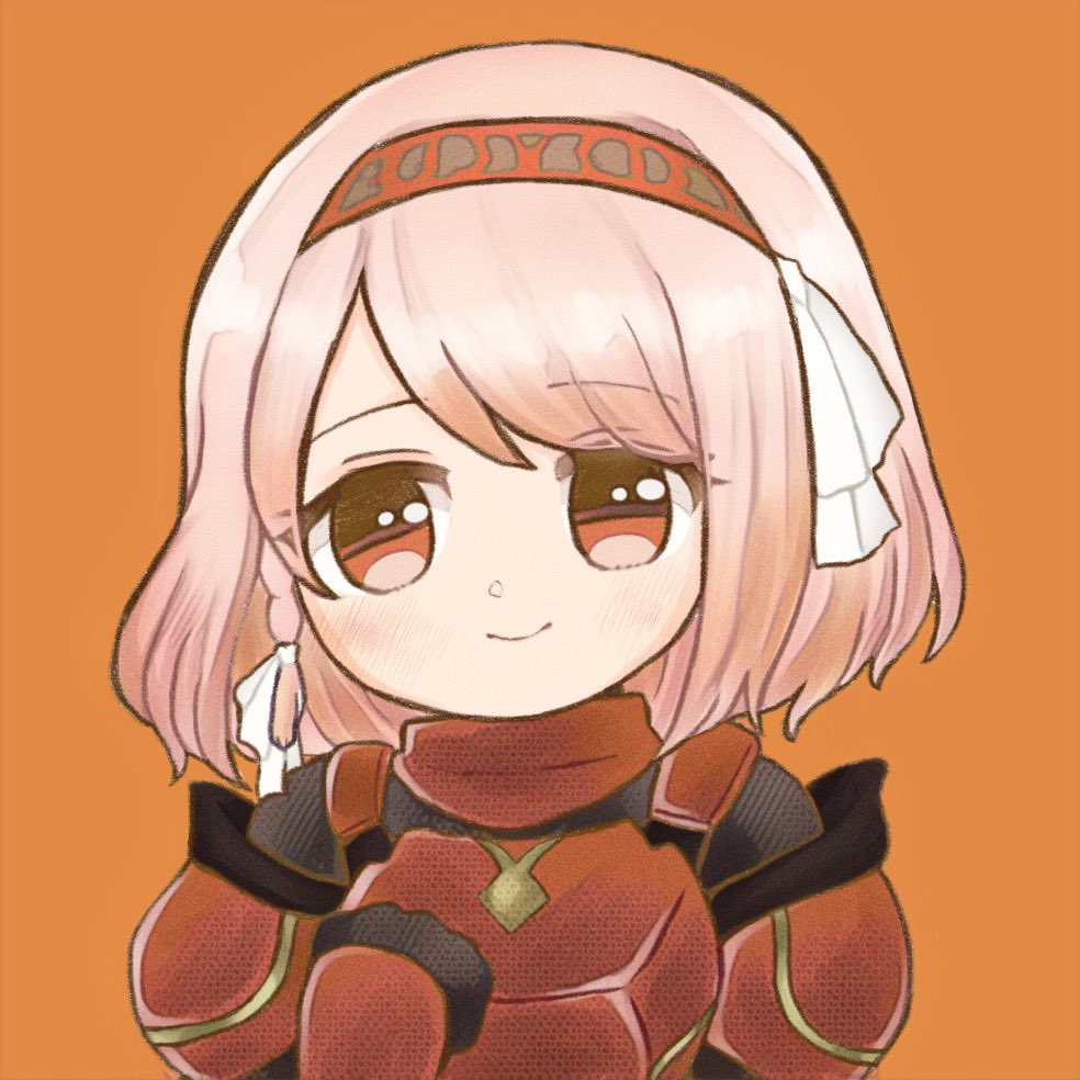 1girl aoi_hana_(artist) armor bangs black_gloves braid breastplate chibi closed_mouth fire_emblem fire_emblem_engage gloves grey_hairband hair_ribbon hairband hand_up lapis_(fire_emblem) orange_background pink_hair red_armor red_eyes red_hairband ribbon short_hair side_braid simple_background smile solo swept_bangs two-tone_hairband upper_body white_ribbon