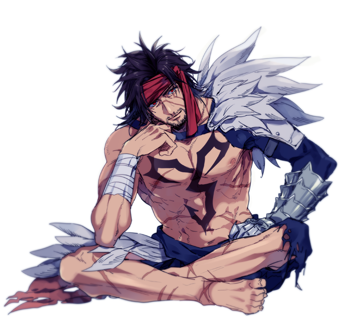 1boy armor bandaged_arm bandages bangs barefoot beard black_hair blue_shorts chest_tattoo facial_hair feather_trim final_fantasy final_fantasy_x hand_to_own_face headband indian_style jecht looking_at_viewer male_focus metal_gloves muscular muscular_male nakagawa_waka pants parted_bangs red_eyes red_headband scar scar_across_eye scar_on_chest scar_on_face scar_on_leg scar_on_nose shorts shoulder_armor single_bare_shoulder single_sleeve sitting solo tattoo topless_male torn_clothes torn_pants white_background
