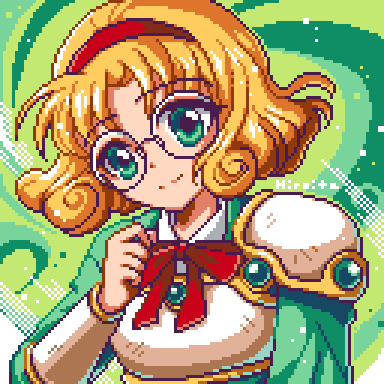 1girl armor artist_name blonde_hair bow bowtie closed_mouth curly_hair glasses green_background green_eyes green_shirt hairband head_tilt hiroita hououji_fuu looking_at_viewer lowres magic_knight_rayearth pixel_art red_bow red_hairband round_eyewear shiny shiny_hair shirt short_hair smile solo split_mouth upper_body