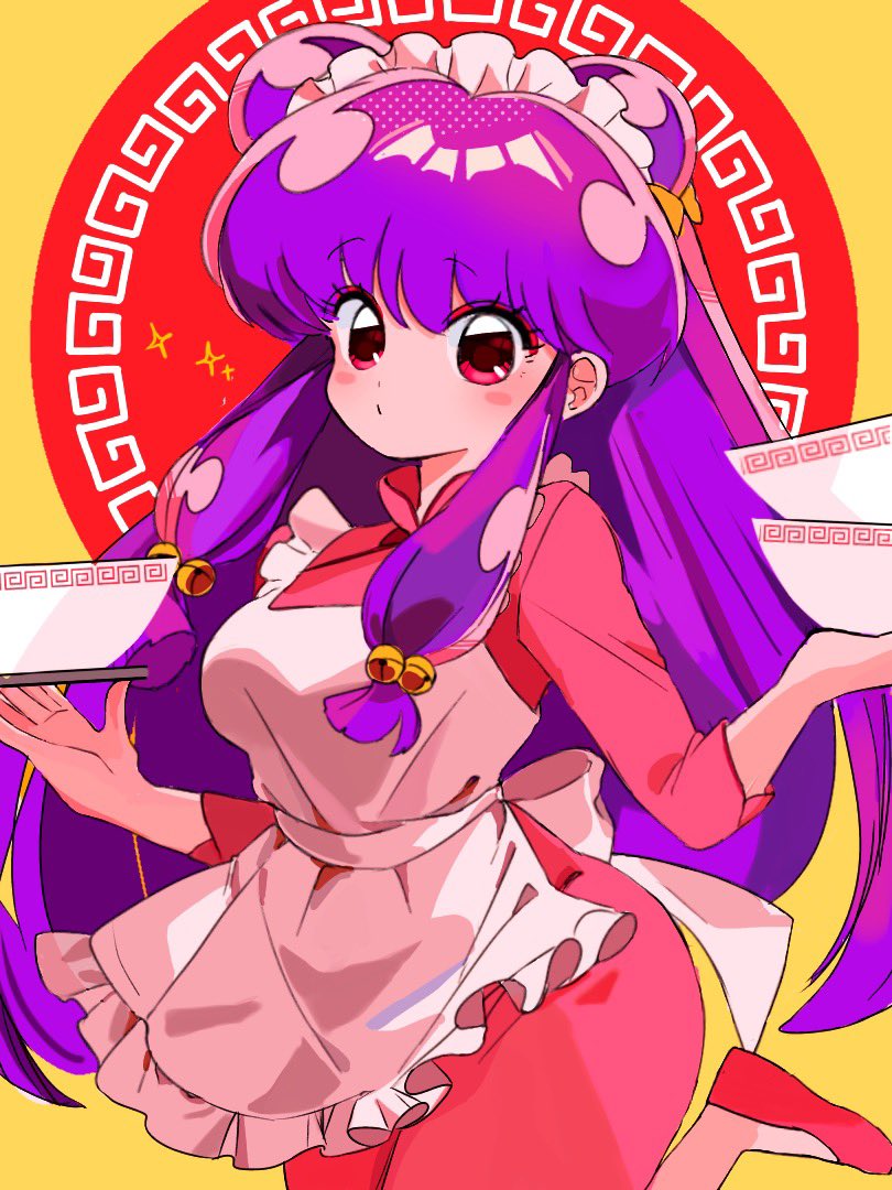 1girl blush_stickers bow breasts chinese_clothes hair_ornament holding holding_tray looking_at_viewer purple_hair ranma_1/2 red_eyes red_footwear sanamaru_(sana79261827) shampoo_(ranma_1/2) solo standing standing_on_one_leg tray waitress yellow_bow