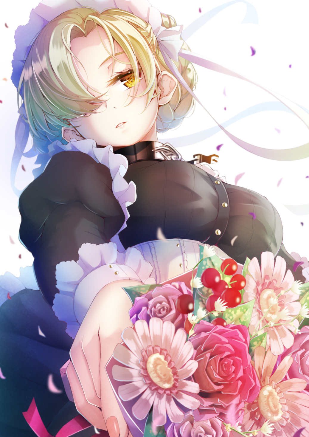 1girl anniversary apron azur_lane black_choker black_dress blonde_hair bouquet braid breasts buttons choker commentary_request dress expressionless flower french_braid frilled_apron frills from_below hair_over_one_eye highres holding holding_bouquet imo_bouya juliet_sleeves long_sleeves looking_at_viewer looking_down maid_headdress medium_breasts medium_hair parted_lips pink_flower puffy_sleeves red_flower sheffield_(azur_lane) solo white_apron white_flower yellow_eyes