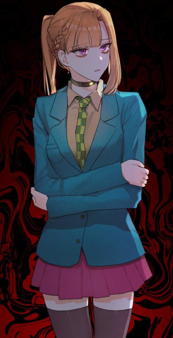 1girl asymmetrical_bangs bangs blazer blue_jacket blunt_bangs braid breast_pocket buttons chidouin_sara collared_shirt commentary_request cowboy_shot crossed_arms dot_nose green_necktie grey_thighhighs jacket kimi_ga_shine kmz070791 long_hair long_sleeves miniskirt necktie orange_hair parted_lips pink_skirt plaid_necktie pleated_skirt pocket ponytail red_background school_uniform shirt side_braid single_sidelock skirt solo sonobeno_school_uniform thigh-highs violet_eyes yellow_shirt zettai_ryouiki