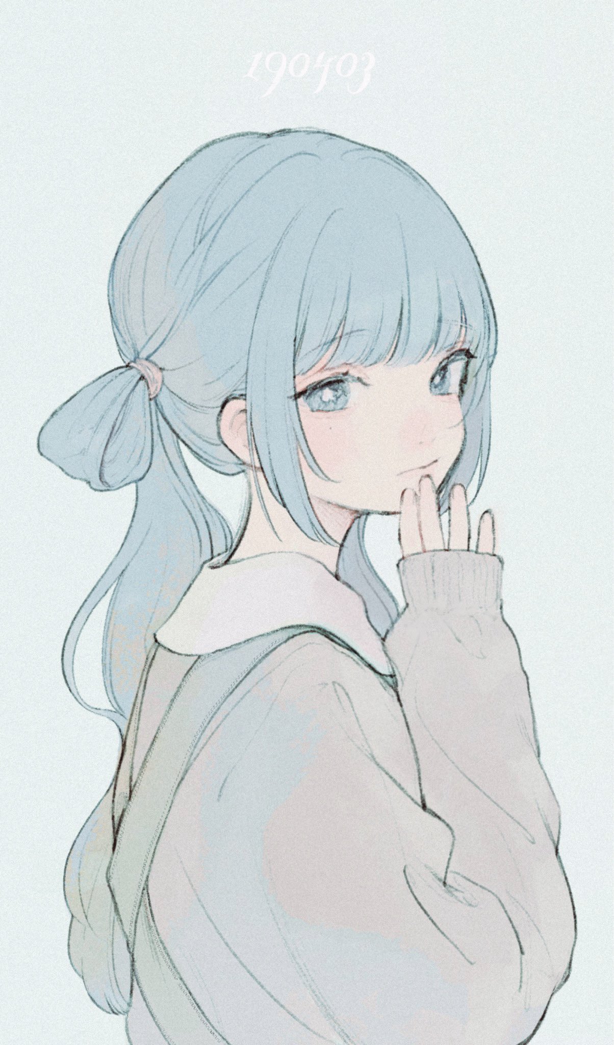 1girl blue_eyes blue_hair commentary english_commentary finger_to_own_chin grey_sweater hair_tie highres light_blue_background long_hair looking_at_viewer one_side_up original simple_background sleeves_past_wrists solo sweater upper_body yorunogumo