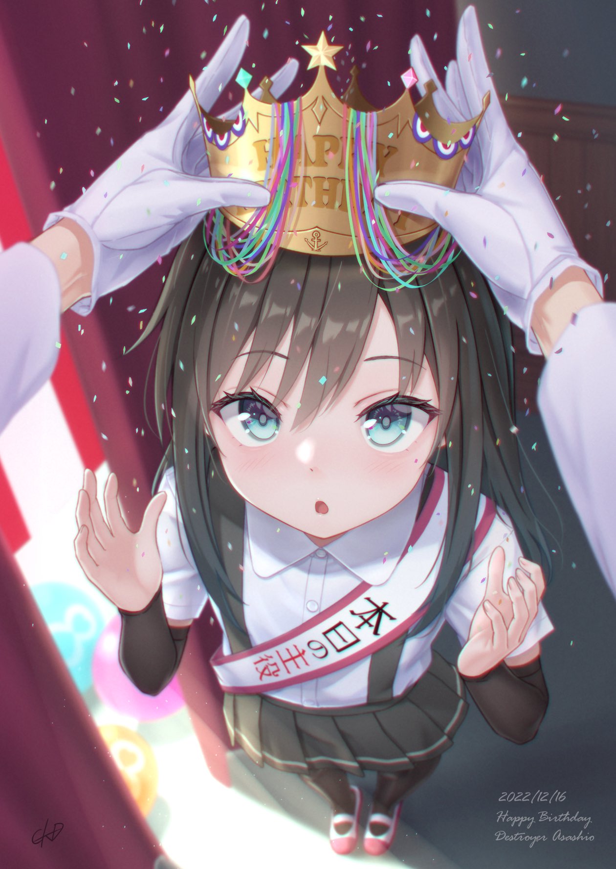 1boy 1girl :o admiral_(kancolle) arm_warmers asashio_(kancolle) black_hair black_thighhighs blue_eyes crown dated gloves gotou_hisashi happy_birthday highres kantai_collection long_hair looking_at_another shirt short_sleeves skirt suspender_skirt suspenders thigh-highs white_gloves white_shirt