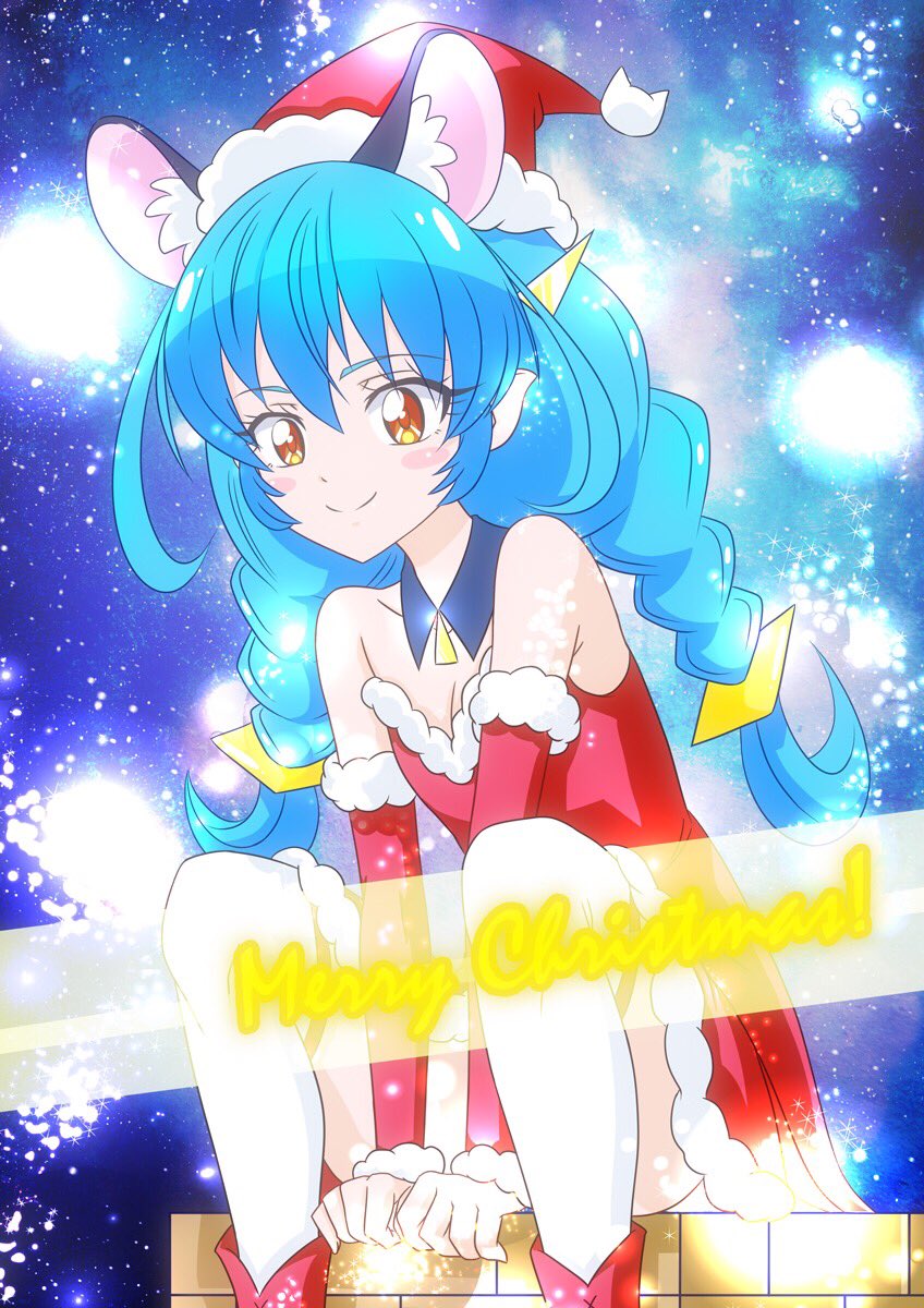 1girl animal_ears bangs blue_coat blue_hair boots braid cat_ears cat_tail christmas closed_mouth coat commentary cursive detached_collar detached_sleeves dress english_text extra_ears fur-trimmed_dress fur-trimmed_sleeves fur_trim hair_tie hat highres long_hair looking_at_viewer low_twintails merry_christmas precure red_dress red_footwear red_headwear red_sleeves santa_dress santa_hat sitting sky smile solo star_(sky) star_twinkle_precure starry_sky strapless strapless_dress tail thigh-highs twin_braids twintails white_thighhighs yellow_eyes yuni_(precure) z84348574