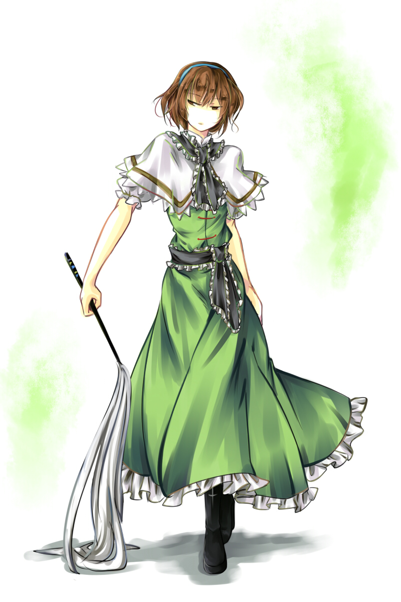 1girl alice_margatroid black_footwear blue_hairband brown_eyes brown_hair capelet closed_mouth dress full_body green_dress hairband highres holding kutsuki_kai m.u.g.e.n mouri_alice short_hair short_sleeves solo standing touhou white_background white_capelet