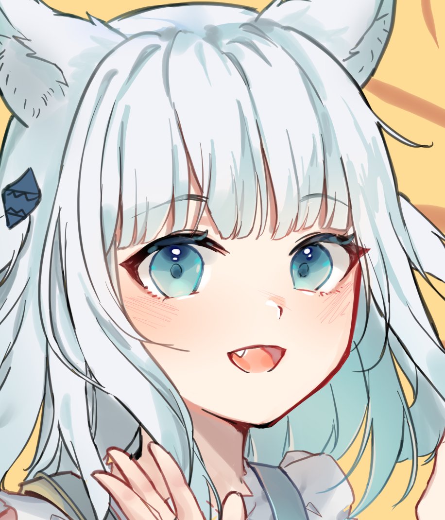 1girl :d animal_ear_fluff animal_ears bangs blue_eyes blush cat_ears commentary english_commentary fang gawr_gura hair_ornament hand_up hololive hololive_english kobutanori looking_at_viewer portrait smile solo two_side_up virtual_youtuber white_hair