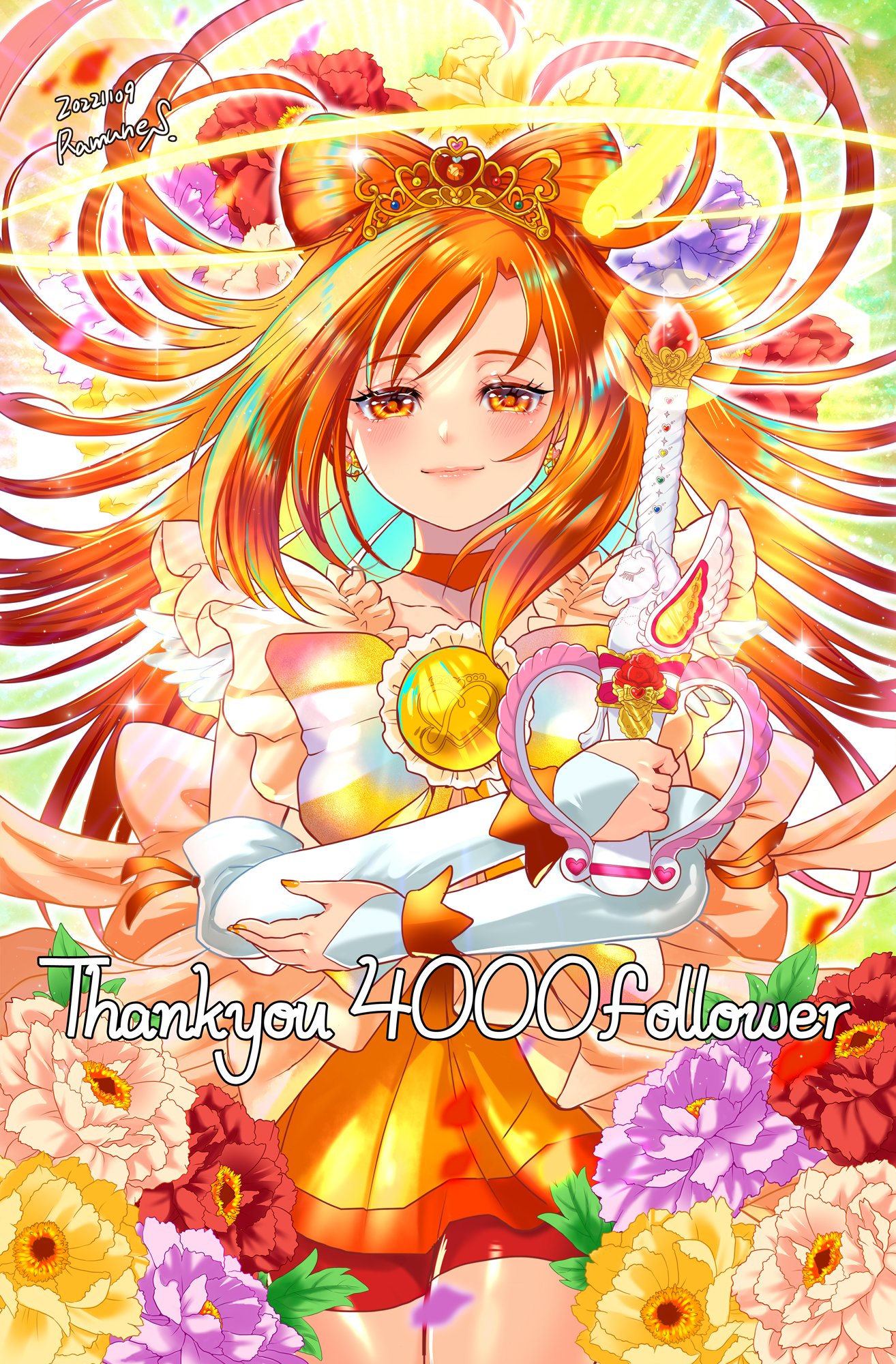 1girl blush bow-shaped_hair choker commentary_request cure_sunny cure_sunny_(princess_form) dress earrings elbow_gloves gloves head_wings highres jewelry long_hair magical_girl orange_choker orange_dress orange_eyes orange_hair orange_skirt orange_theme precure ramune02 skirt smile solo staff tiara white_gloves