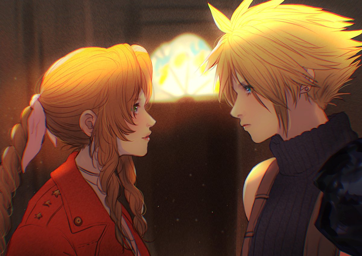 1boy 1girl aerith_gainsborough bangs blonde_hair blue_eyes blush braid braided_ponytail brown_hair choker church cloud_strife final_fantasy final_fantasy_vii final_fantasy_vii_remake green_eyes hair_ribbon indoors jacket long_hair looking_at_another parted_bangs pink_ribbon profile red_jacket ribbon sera_(serappi) short_hair sidelocks spiky_hair upper_body