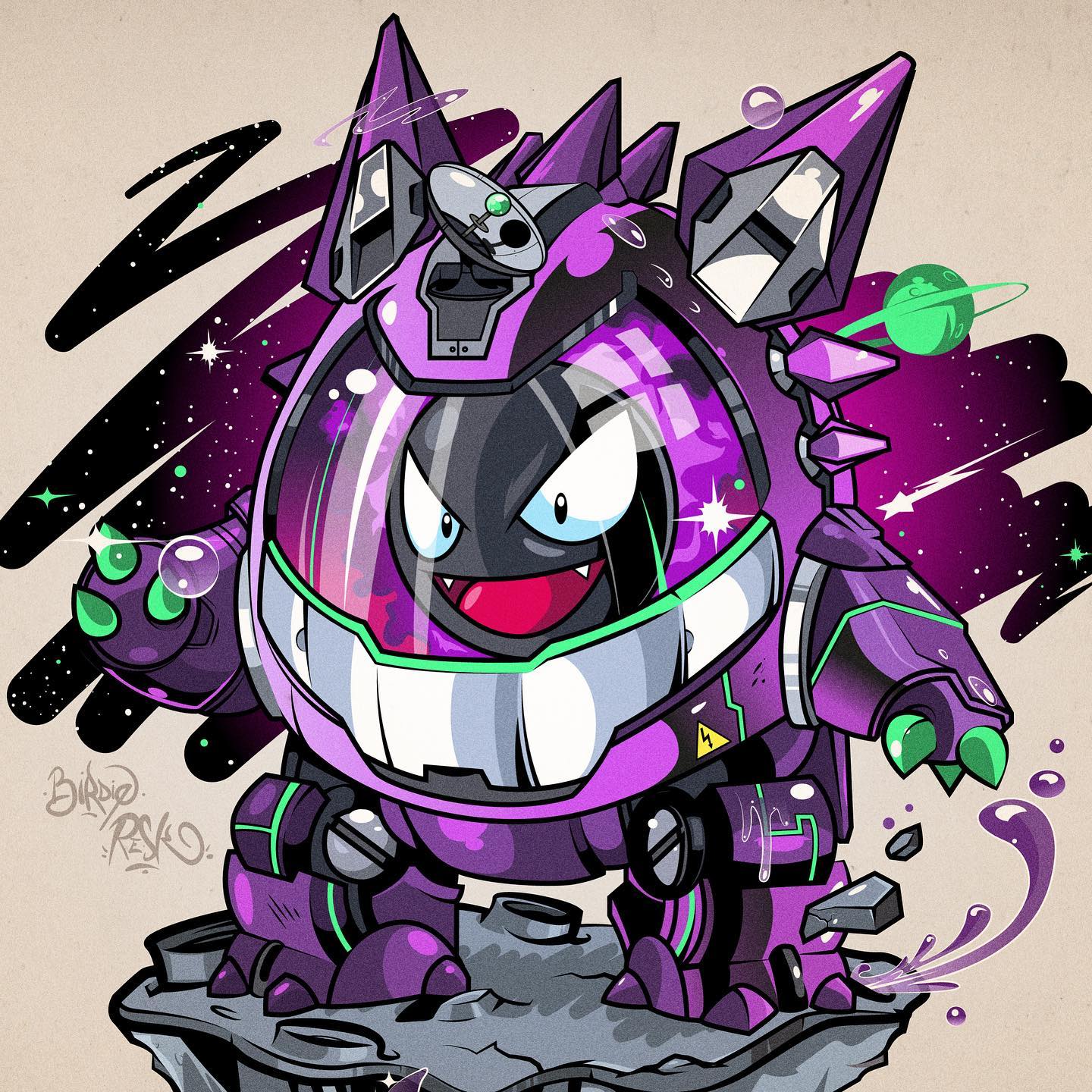 artist_name black_eyes brown_background bubble collaboration english_commentary fangs fewer_digits gastly gengar highres liquid looking_at_viewer mecha mechanization no_humans open_mouth planet pokemon reskdstroy robot satellite_dish science_fiction smile solo standing supbirdy v-shaped_eyes