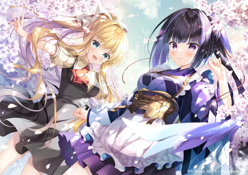 :d air_(visual_novel) apron ascot black_dress black_hair blonde_hair blue_eyes blue_sky branch breasts brown_shirt checkered_clothes checkered_kimono clouds commentary_request company_connection crossover day dress flower frilled_apron frills hair_ribbon japanese_clothes kamio_misuzu karasuba_(prima_doll) key_(company) kimono long_hair medium_breasts multicolored_hair outdoors outstretched_arms petals pleated_skirt ponytail prima_doll_(anime) puffy_short_sleeves puffy_sleeves purple_hair purple_kimono purple_skirt red_ascot ribbon school_uniform shirt short_sleeves skirt sky smile spread_arms streaked_hair takano_yuki_(allegro_mistic) very_long_hair violet_eyes white_apron white_flower white_ribbon