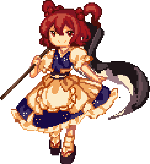 1girl bangs black_footwear blue_dress closed_mouth dress full_body hair_bobbles hair_ornament holding holding_scythe looking_at_viewer obi onozuka_komachi pixel_art red_eyes redhead rrrssr sash scythe short_hair short_sleeves simple_background smile socks solo standing touhou two_side_up white_background white_socks