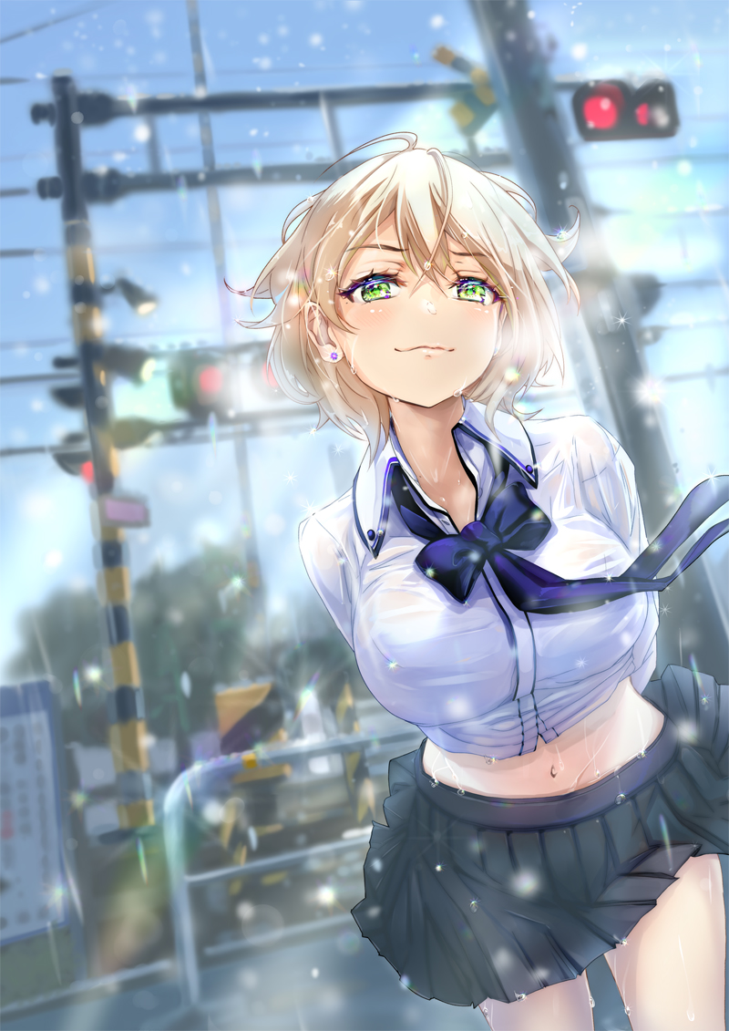 1girl :3 blonde_hair blue_bow bow breasts clouds dutch_angle earrings green_eyes jewelry keepout large_breasts looking_at_viewer midriff miniskirt navel original petals pleated_skirt railroad_crossing school_uniform short_hair skirt sky solo stud_earrings wind