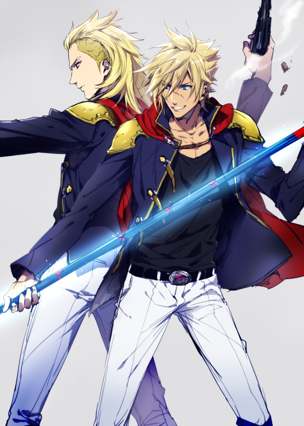 2boys armor back-to-back belt belt_buckle black_belt black_shirt blonde_hair blue_eyes blue_jacket buckle cape cowboy_shot dual_wielding fighting_stance final_fantasy final_fantasy_type-0 grey_background grin gun hair_between_eyes hair_slicked_back holding holding_polearm holding_weapon jacket king_(fft-0) long_hair long_sleeves looking_to_the_side male_focus multiple_boys nakagawa_waka nine_(fft-0) pants polearm red_cape scar scar_on_face scar_on_nose school_uniform shirt short_hair shoulder_armor sidecut smile spear spiky_hair teeth weapon white_pants