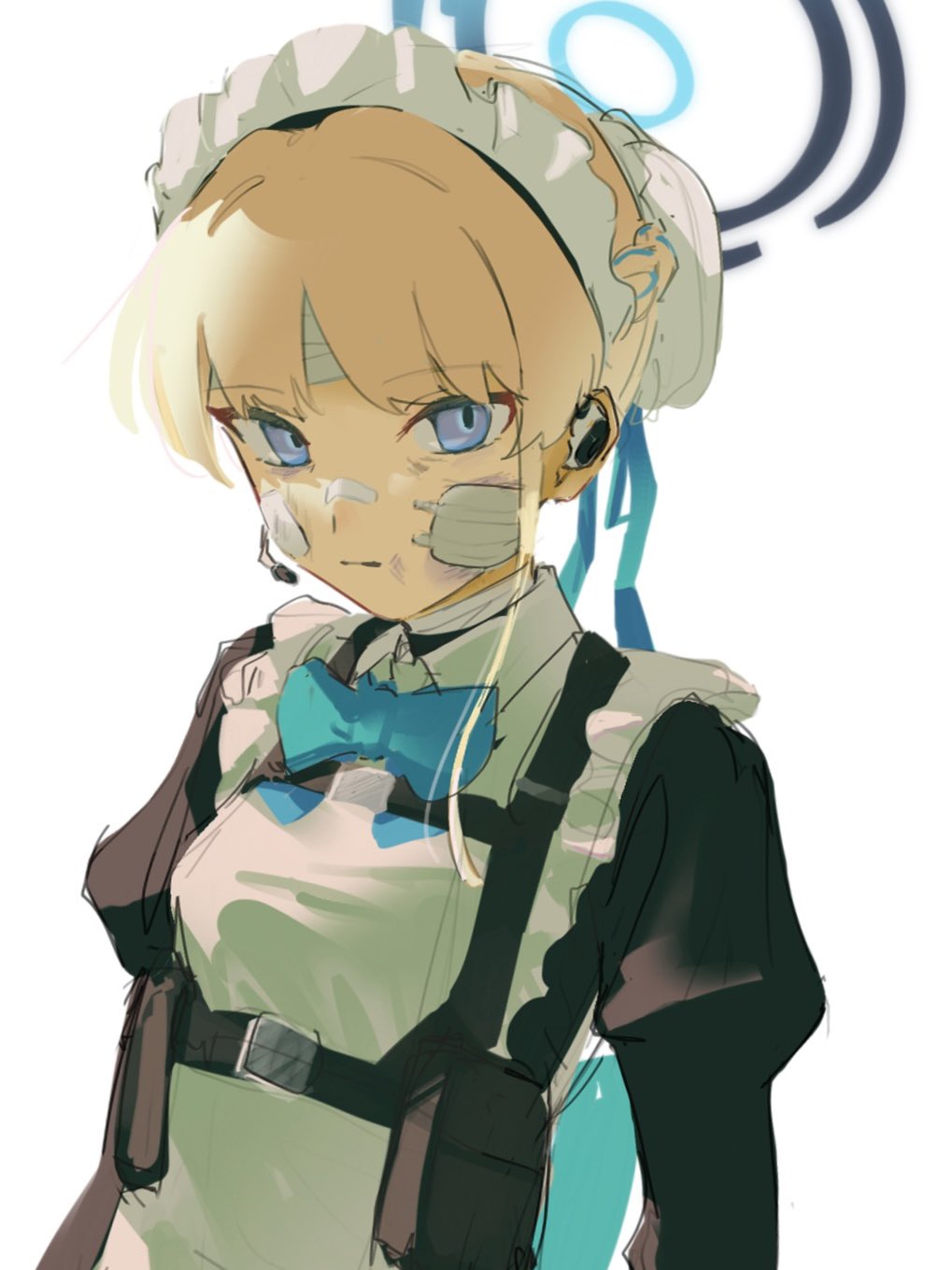 1girl bandage_on_face bandage_on_neck bandages bandaid bandaid_on_face bandaid_on_nose bangs blonde_hair blue_archive blue_bow blue_bowtie blue_eyes blue_ribbon bow bowtie breasts bruise bruise_on_face bun_cover chest_harness closed_mouth collared_dress dress earpiece empty_eyes hair_bun hair_ribbon halo harness highres injury juliet_sleeves long_sleeves looking_at_viewer maid maid_headdress microphone piroshiki_(aoraro) pouch puffy_sleeves ribbon simple_background single_hair_bun small_breasts solo toki_(blue_archive) white_background