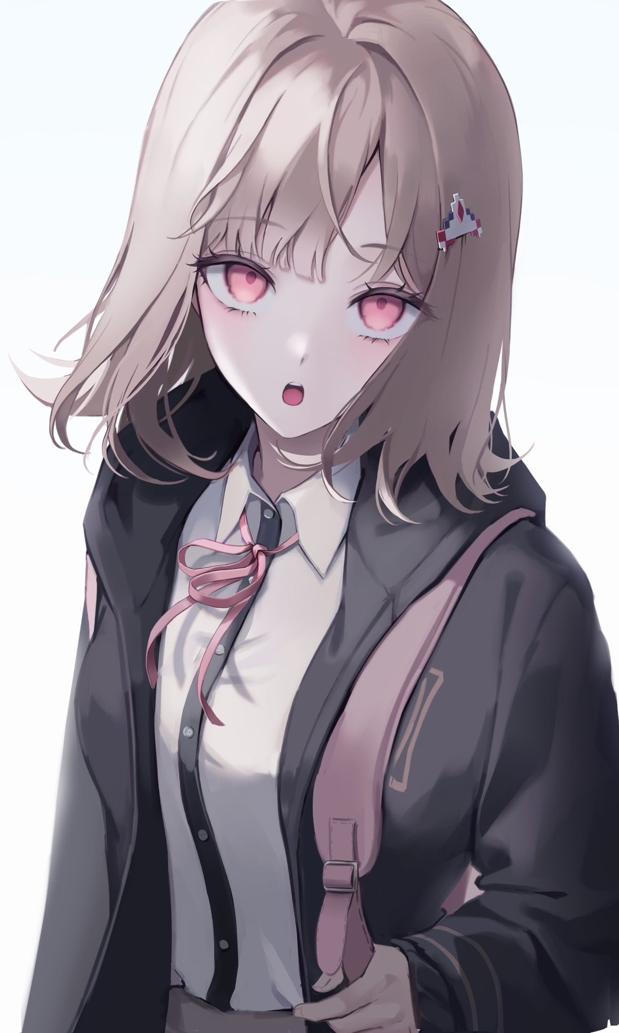 1girl bangs black_shirt breasts brown_hair collared_shirt commentary_request danganronpa_(series) danganronpa_2:_goodbye_despair dress_shirt flipped_hair hair_ornament highres hood hooded_jacket jacket long_sleeves looking_at_viewer medium_hair nanami_chiaki neck_ribbon pink_eyes pink_ribbon ribbon shirt shirt_tucked_in solo white_shirt