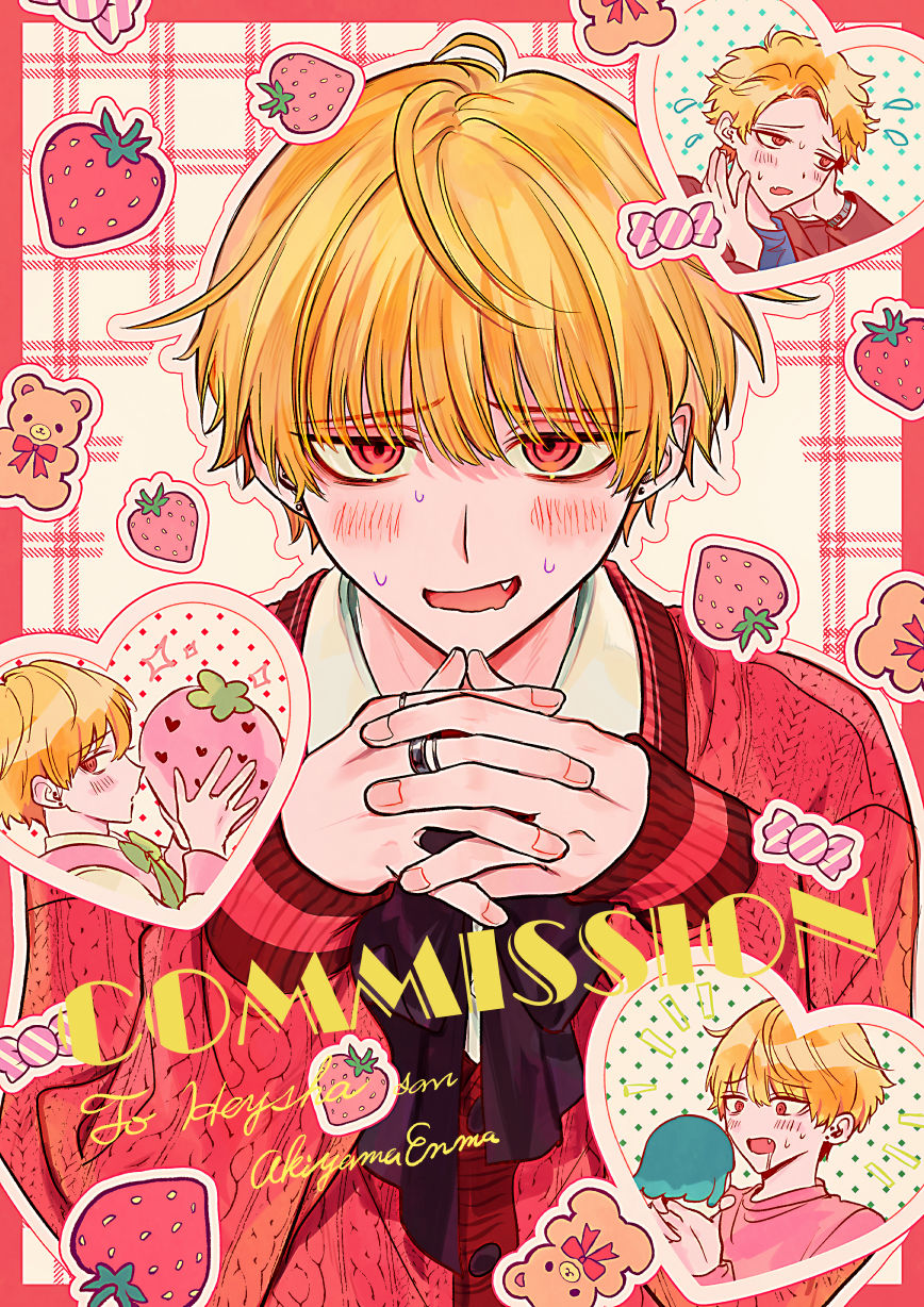 4boys akiyama_enma artist_name blonde_hair blush bow bowtie cable_knit cardigan commission drooling earrings embarrassed fang food fruit highres interlocked_fingers jewelry multiple_boys multiple_views nervous original oversized_food pink_eyes pink_theme ring short_hair skeb_commission sticker strawberry sweat