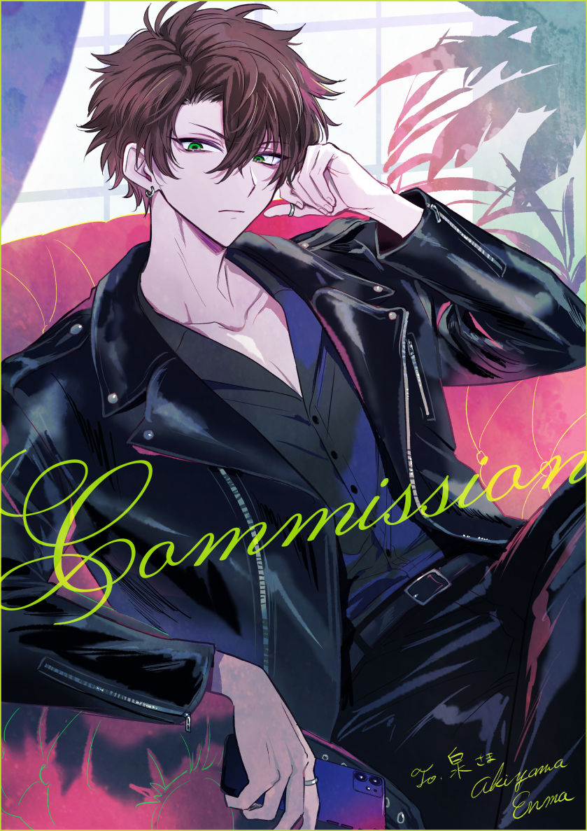 1boy akiyama_enma bangs belt brown_hair cellphone collarbone commission crossed_legs dress_shirt earrings green_eyes holding holding_phone jacket jewelry leather leather_jacket leather_pants looking_to_the_side male_focus original pants parted_bangs phone ring sanpaku shirt short_hair sitting skeb_commission smartphone solo