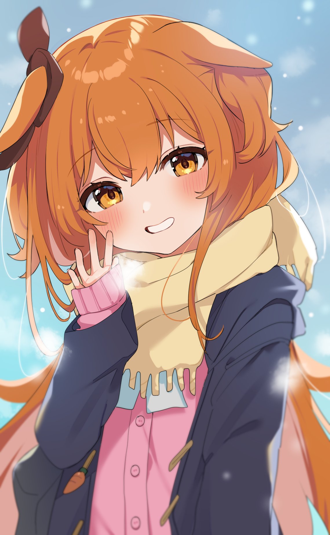 1girl animal_ears blush casual hair_ornament heavy_breathing highres horse_ears inuyama_nanami jacket long_hair looking_at_viewer mayano_top_gun_(umamusume) orange_eyes orange_hair scarf simple_background snowing solo umamusume waving winter_clothes