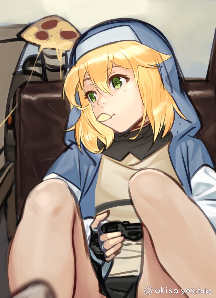 1girl akisa_yositake bangs blonde_hair bridget_(guilty_gear) chips_(food) closed_mouth commentary_request couch fingerless_gloves food gloves green_eyes guilty_gear guilty_gear_strive hair_between_eyes legs_up looking_to_the_side mouth_hold on_couch pizza pizza_slice playing_games playstation_controller potato_chips sitting solo transgender twitter_username