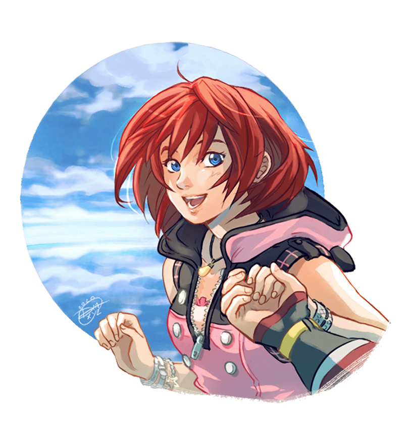 1boy 1girl bangle bare_shoulders blue_eyes bracelet breasts diana_mercolini dress hair_between_eyes holding_hands hood hood_down hooded_dress jewelry kairi_(kingdom_hearts) kingdom_hearts kingdom_hearts_iii looking_at_viewer medium_breasts necklace open_mouth out_of_frame outdoors pink_dress redhead short_hair signature sleeveless sleeveless_dress smile sora_(kingdom_hearts) upper_body