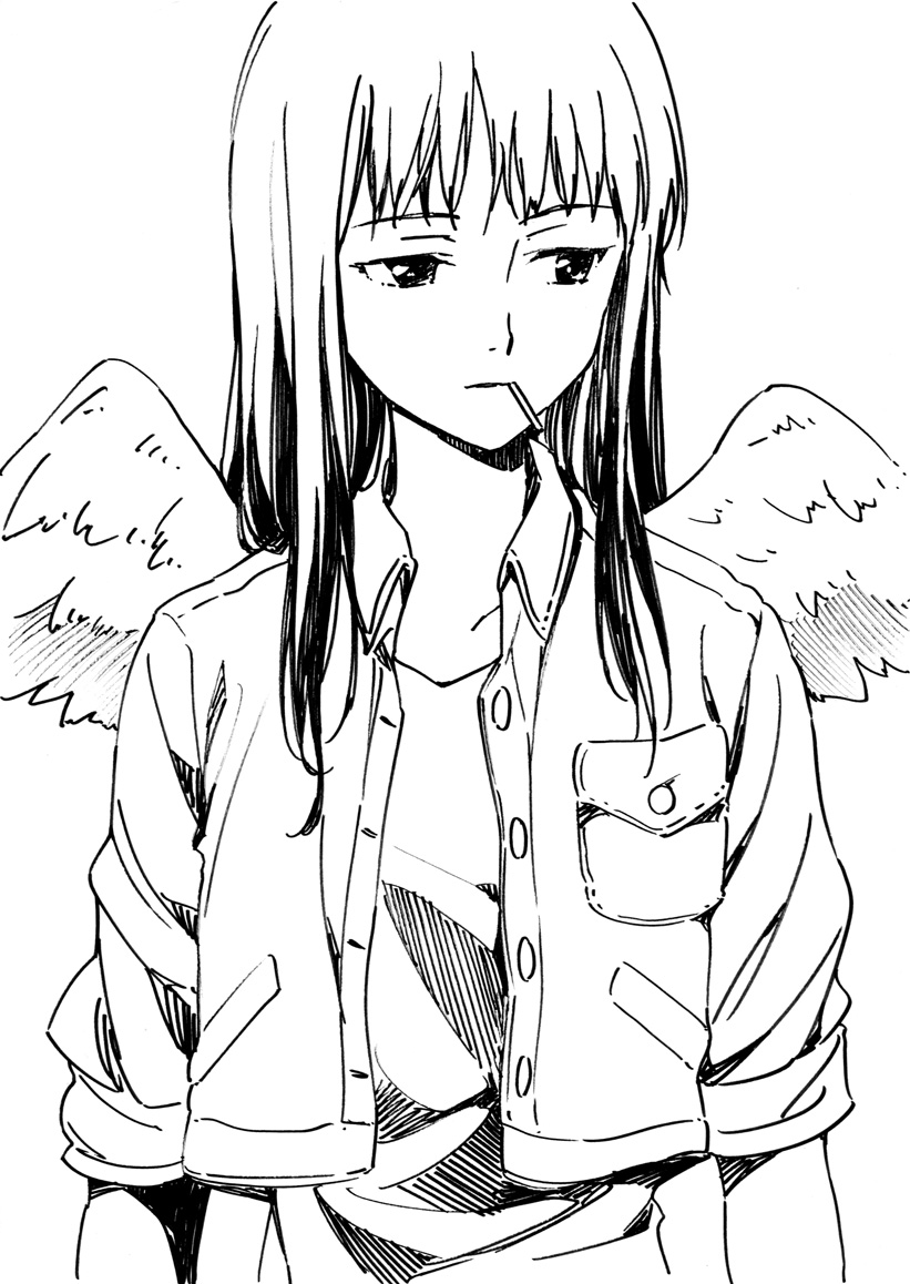 1girl agahari angel angel_wings cigarette closed_mouth feathered_wings greyscale haibane_renmei jacket long_hair monochrome reki_(haibane) simple_background sleeves_rolled_up solo white_background wings