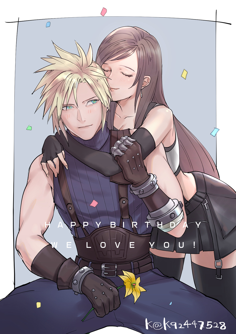 1boy 1girl bangs bare_shoulders belt belt_buckle black_hair black_skirt black_sports_bra black_thighhighs blonde_hair blue_eyes blush brown_gloves brown_hair buckle closed_eyes closed_mouth cloud_strife collarbone confetti couple earrings elbow_gloves english_text final_fantasy final_fantasy_vii final_fantasy_vii_remake fingerless_gloves flower gloves hand_on_another's_arm happy_birthday highres holding holding_flower hug hug_from_behind jewelry long_hair looking_at_another mugikoma multiple_belts ribbed_sweater single_earring sitting skirt sleeveless sleeveless_turtleneck smile spiky_hair sports_bra suspender_skirt suspenders sweater swept_bangs tank_top thigh-highs tifa_lockhart turtleneck turtleneck_sweater twitter_username white_tank_top yellow_flower zettai_ryouiki