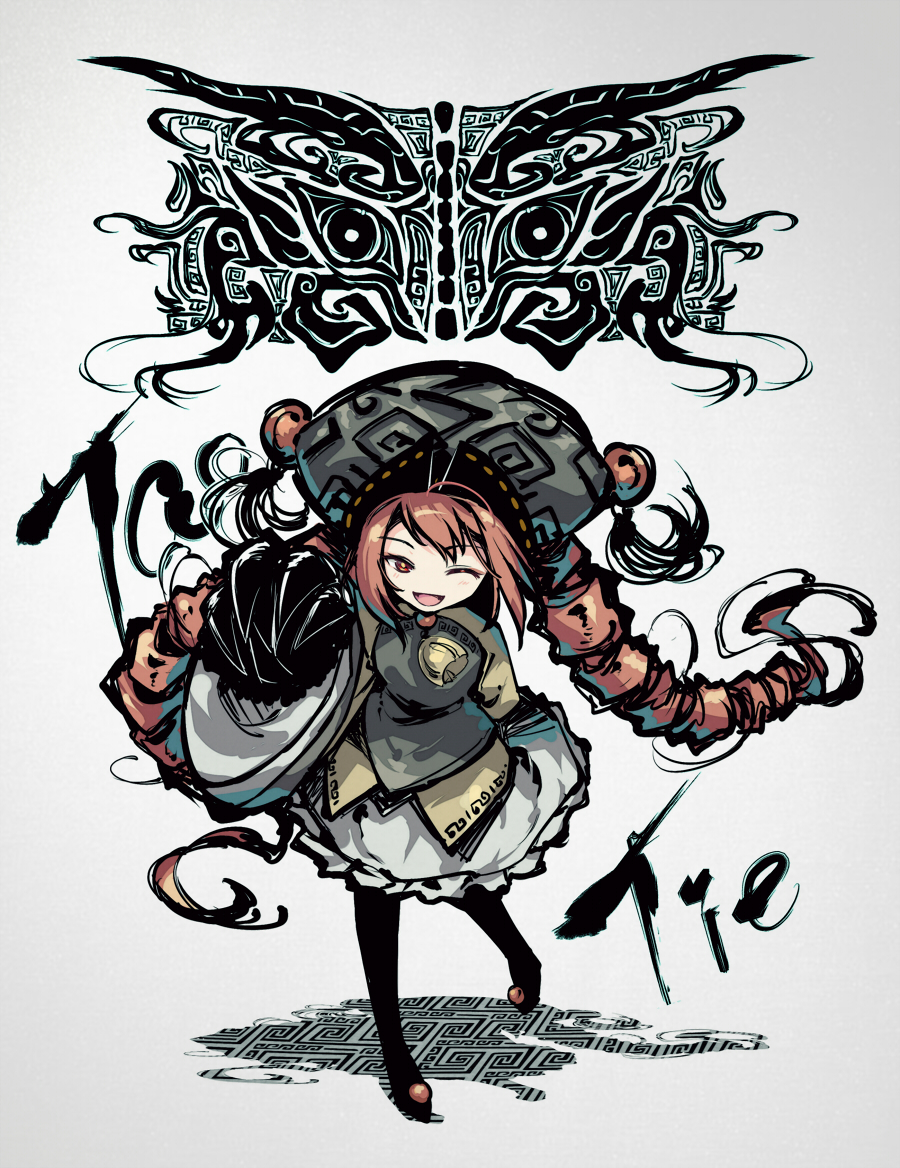 1girl akinomiya_asuka black_claws black_headwear bright_pupils claws commentary_request drill_hair frilled_skirt frills hat huge_claws infinite_blade_pavilion long_hair long_sleeves one_eye_closed orange_eyes orange_hair original shirt skirt smile solo togura_magura tokiame_(style) touhou twin_drills white_background white_skirt yellow_pupils yellow_shirt