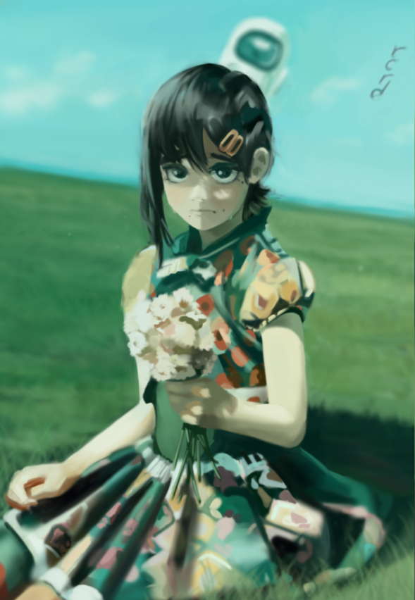 1girl 1other among_us astronaut bangs black_hair blue_sky blurry blurry_background chainsaw_man dana_(ocana_dana) dress floral_print flower green_dress hair_ornament hairclip hell_(chainsaw_man) higashiyama_kobeni holding holding_flower light_frown looking_at_viewer medium_hair mole mole_under_eye mole_under_mouth multiple_moles on_grass outdoors photo-referenced puffy_short_sleeves puffy_sleeves short_ponytail short_sleeves single_sidelock sitting sky solo_focus solway_firth_spaceman space_helmet sweat swept_bangs