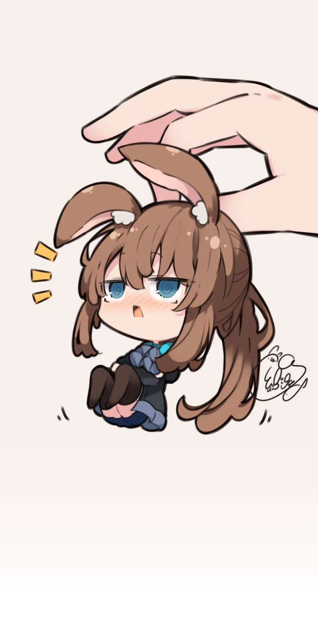1girl 1other @_@ amiya_(arknights) animal_ear_fluff animal_ears arknights bangs beni_shake black_jacket blue_eyes blue_skirt blush brown_background brown_hair brown_thighhighs chibi commentary_request hair_between_eyes highres jacket long_hair long_sleeves minigirl no_shoes nose_blush notice_lines ponytail puffy_long_sleeves puffy_sleeves rabbit_ears signature simple_background skirt thigh-highs very_long_hair