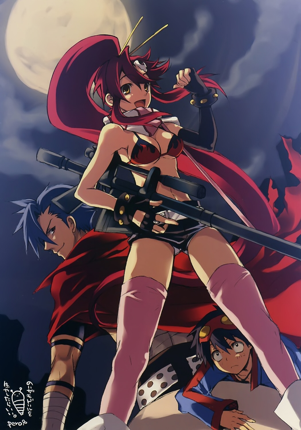 bikini_top breasts cape gun highres kamina long_hair ponytail red_hair rifle simon sniper_rifle swimsuit tengen_toppa_gurren_lagann thigh-highs thighhighs weapon yoko yoko_littner