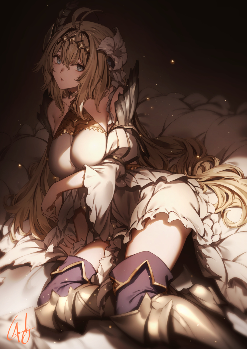 1girl armor armored_dress bangs blonde_hair blue_eyes breasts diadem dress feathers flower genyaky granblue_fantasy hair_feathers hair_flower hair_intakes hair_ornament hairband highres jeanne_d'arc_(granblue_fantasy) large_breasts long_hair looking_at_viewer open_mouth thighs white_dress white_flower