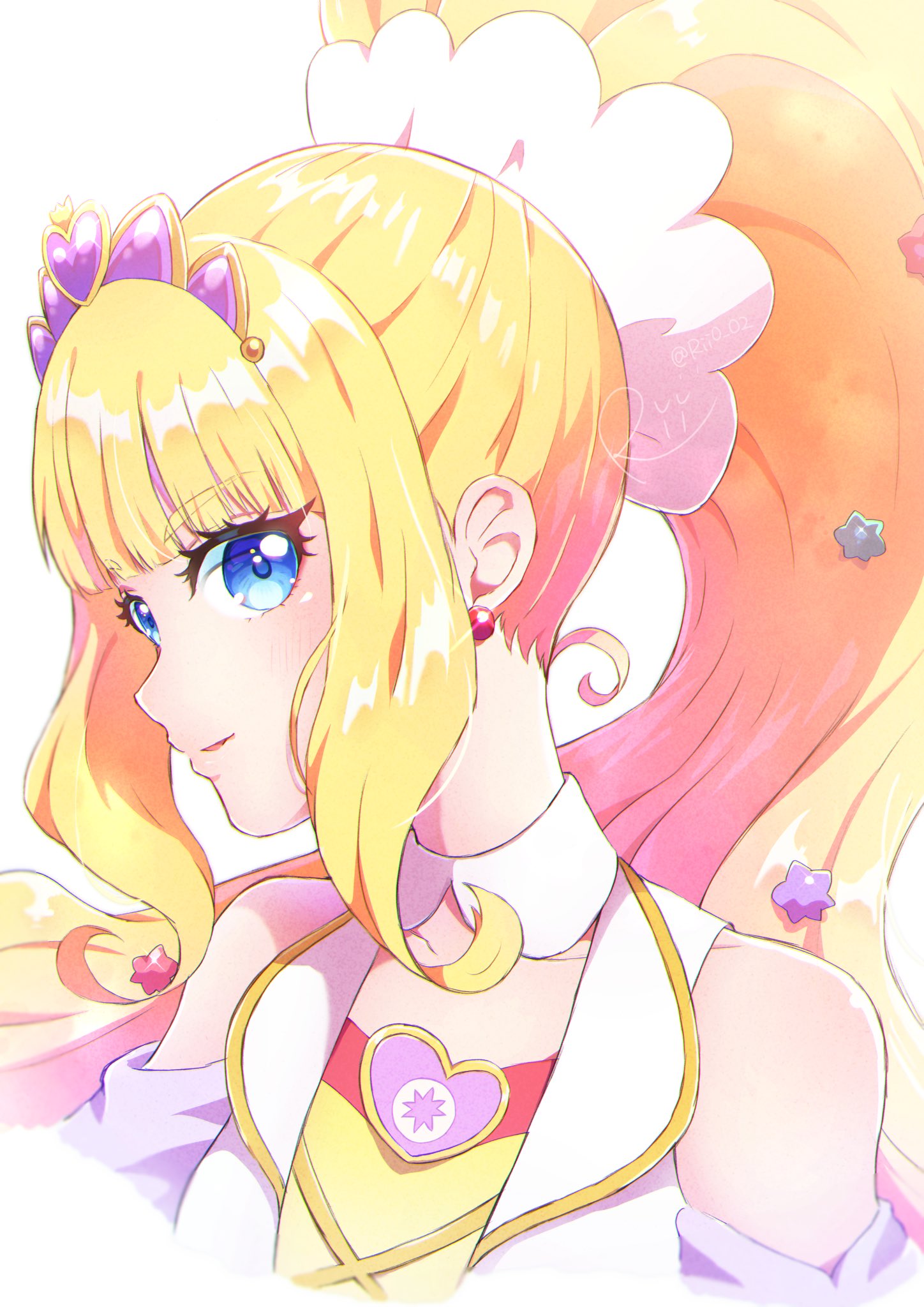 1girl bangs blonde_hair blue_eyes blunt_bangs brooch choker commentary cure_finale delicious_party_precure earrings hair_ornament heart_brooch high_ponytail highres jewelry kasai_amane long_hair magical_girl portrait precure rii_(rii0_02) sidelocks solo star_(symbol) star_hair_ornament symbol-only_commentary tiara white_choker