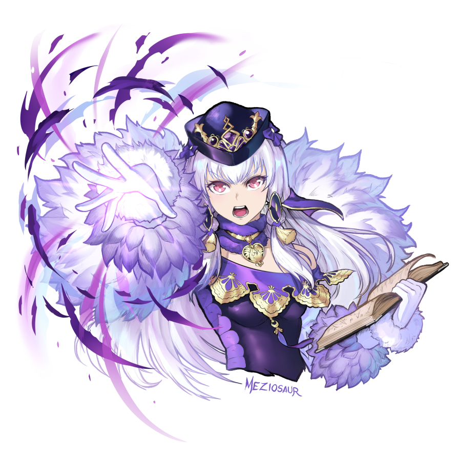 1girl artist_name bangs book breasts commentary cropped_torso detached_collar dress english_commentary fire_emblem fire_emblem:_three_houses fire_emblem_heroes fur_trim gloves hair_between_eyes hat holding holding_book long_hair looking_at_viewer lysithea_von_ordelia magic meziosaur official_alternate_costume open_book open_mouth pink_eyes purple_dress purple_headwear simple_background small_breasts solo veil white_background white_gloves white_hair