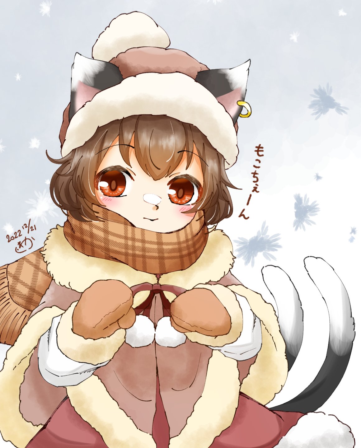 1226_waka 1girl animal_ears blush brown_hair capelet cat_ears cat_tail chen closed_mouth coat dated earrings fur-trimmed_capelet fur-trimmed_coat fur-trimmed_gloves fur-trimmed_headwear fur-trimmed_skirt fur-trimmed_sleeves fur_trim gloves gradient gradient_background grey_background hands_up hat highres jewelry looking_at_viewer mittens multiple_tails nekomata plaid plaid_scarf pom_pom_(clothes) red_eyes red_ribbon ribbon scarf simple_background skirt snow_on_face snowflakes solo tail touhou two_tails upper_body