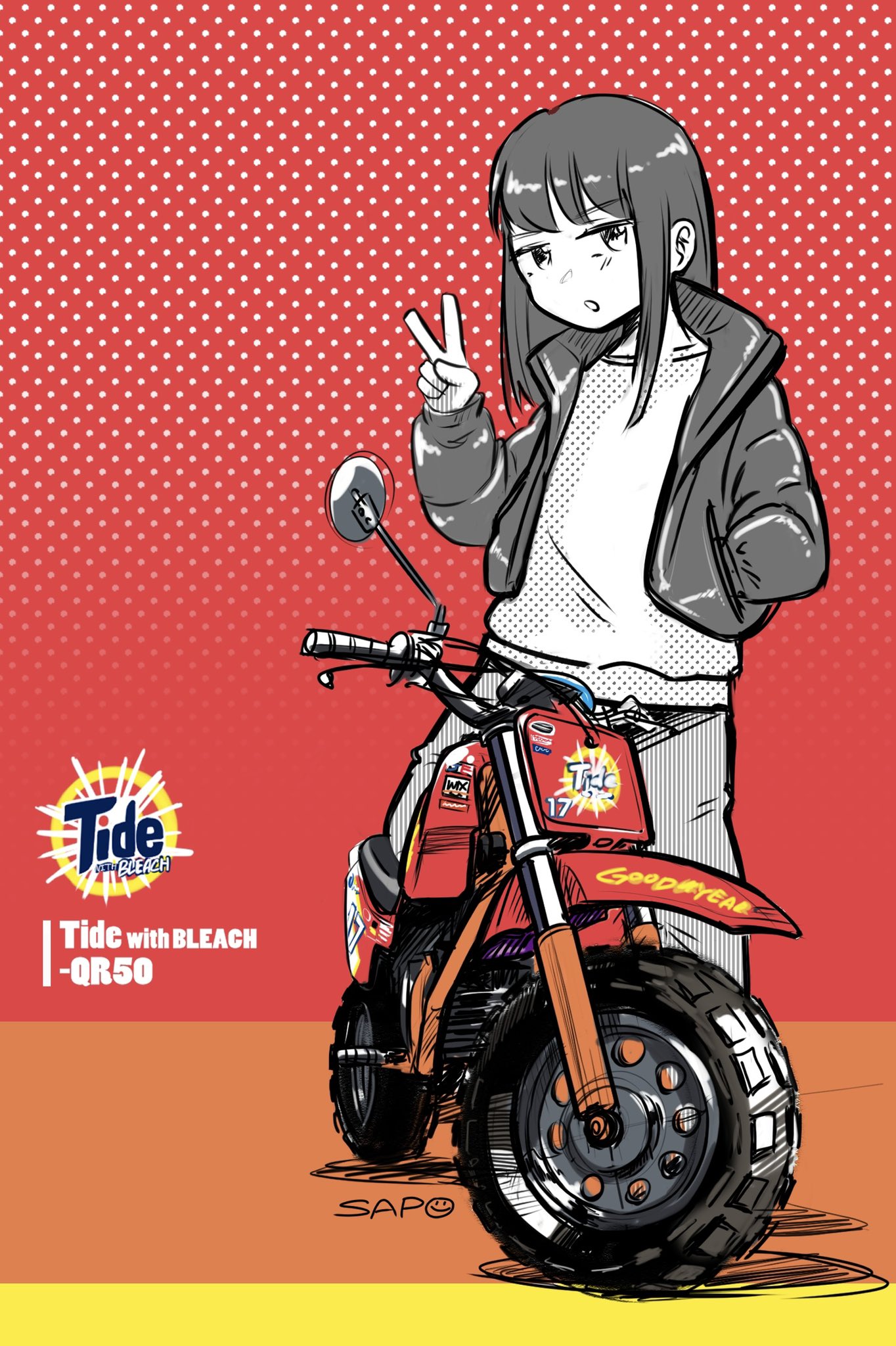 artist_name flat_chest ground_vehicle hair_behind_ear hand_in_pocket highres honda honda_qr50 jacket looking_at_viewer medium_hair minibike mole mole_under_eye motor_vehicle motorcycle open_mouth original pants sapo_(saaaapo_po) shirt tide_(detergent) v vehicle_focus