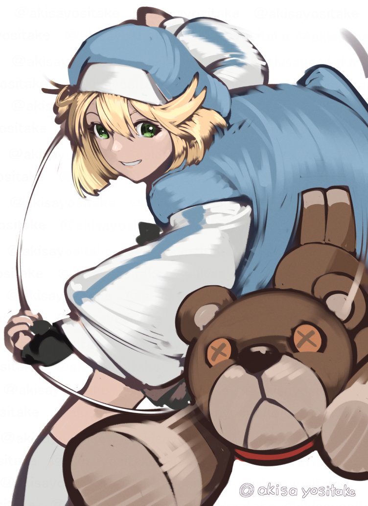 1girl akisa_yositake bangs black_gloves blonde_hair blue_hoodie bridget_(guilty_gear) commentary_request dress dynamic_pose fingerless_gloves gloves green_eyes grin guilty_gear guilty_gear_strive hair_between_eyes holding holding_rope hood hood_up hoodie looking_at_viewer rope simple_background smile solo stuffed_animal stuffed_toy teddy_bear transgender twitter_username white_background yo-yo