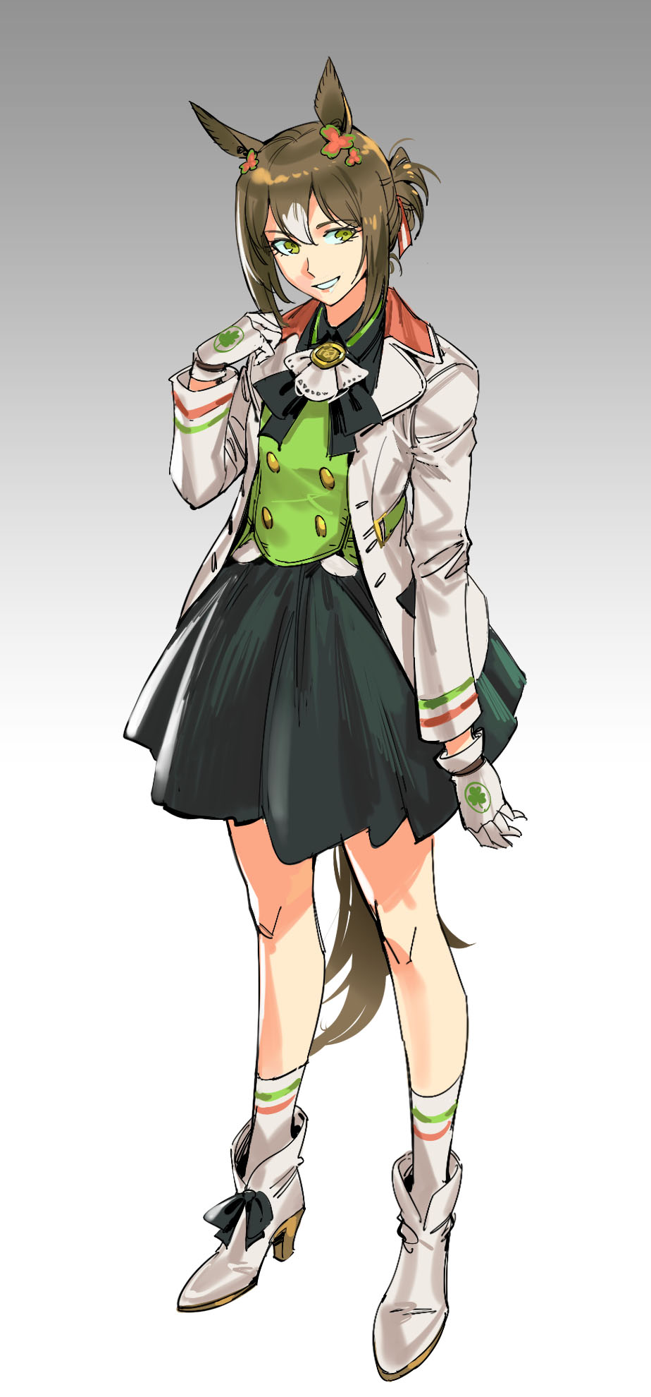 1girl animal_ears ankle_boots boots bow bowtie buttons double-breasted fine_motion_(umamusume) flower full_body gloves gradient gradient_background green_skirt green_vest grey_background grin hair_flower hair_ornament hand_up high_heel_boots high_heels highres horse_ears horse_tail looking_at_viewer ponytail ruukii_drift skirt smile socks solo tail umamusume vest white_gloves white_socks