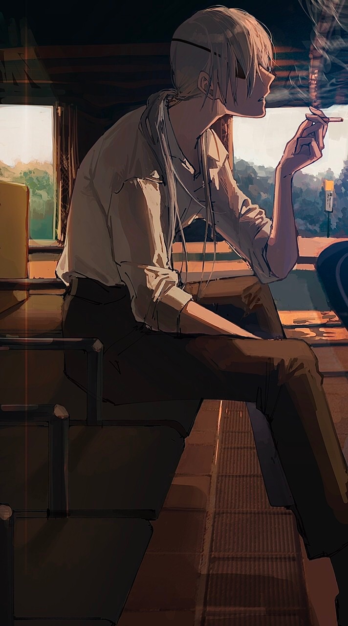 1girl 2_blankk chainsaw_man cigarette collared_shirt eyepatch grey_hair highres holding holding_cigarette long_hair looking_to_the_side ponytail quanxi_(chainsaw_man) shirt sitting sleeves_rolled_up smoke smoking solo white_shirt window